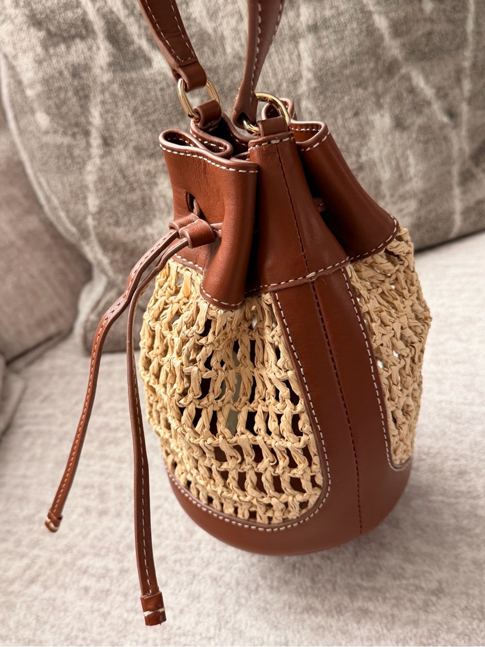 J. Crew Drawstring Brown English Saddle Leather & Straw Mini Bucket Bag #OA3 - Picture 9 of 16